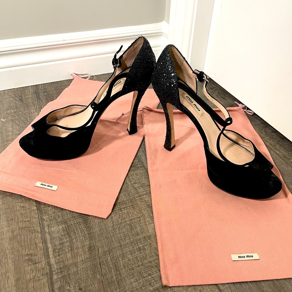 Miu Miu Classy Black Peek Toe Pumps with Black Glitter Heel, Size 9